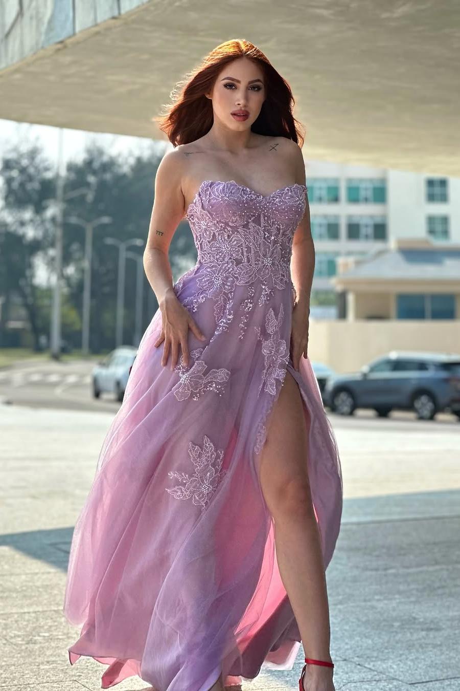 Lussooy Wisteria Beautiful Tulle Sleeveless Sweetheart Applique Long Prom Dress with Split