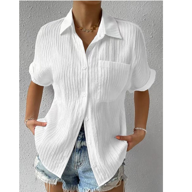 Plus Size Women's Pure Color Comfort Casual Polo Collar Pocket Short Sleeve Shirt