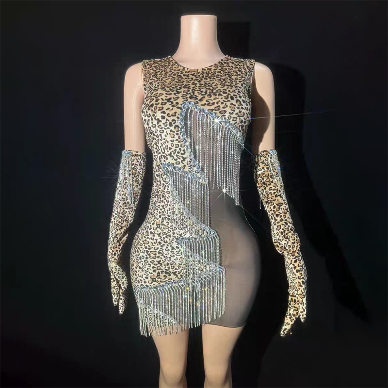 GOOSHOE Sequin Evening Dresses Rhinestone Dress With Gloves Short Dresses