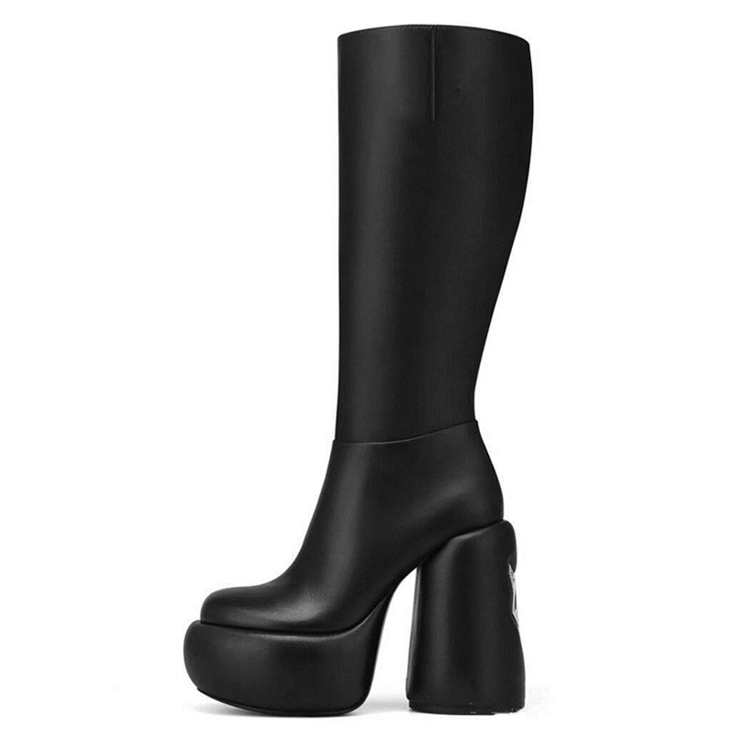 GOOSHOE Women Round Heels Knee High Boots Thick Platform Styles Long Booties Custom Side Zipper Shoes