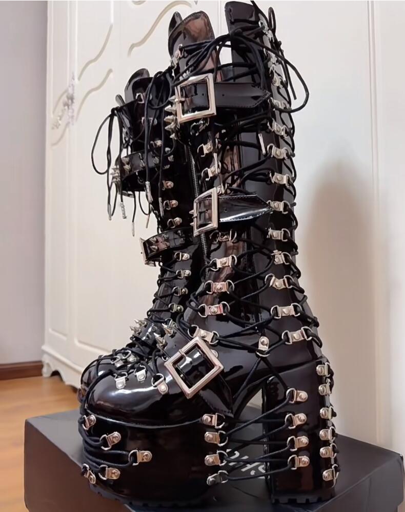 GOOSHOE Martin Motorcycle Boots High Thick Heels Pumps Cool Knight Boots Girl Punk Long Boots Shoes Chain 47
