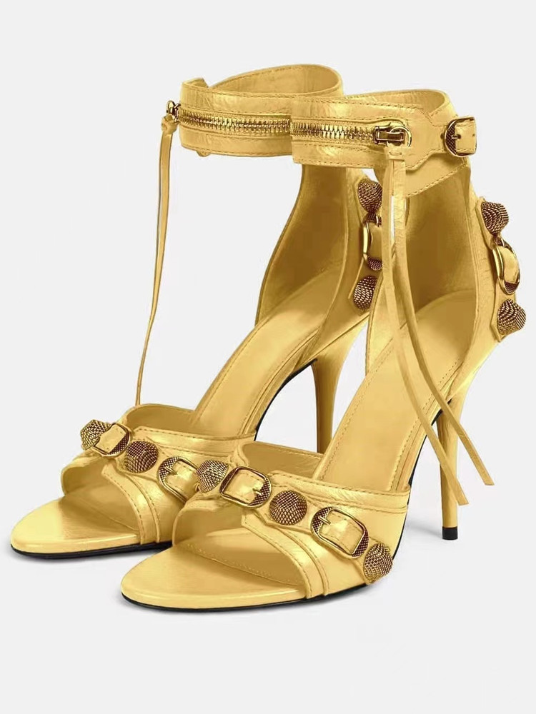 GOOSHOE Women's Slim High Heel Microfiber Black Gold Button Sandals Metal Decorative Women's Shoes High Heels Size45