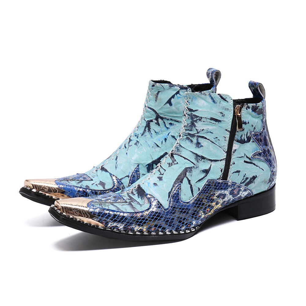 GOOSHOE Patchwork Men Ankle Boots Blue Leather Men Dress Boots Formal Zip Short Boots Shoe