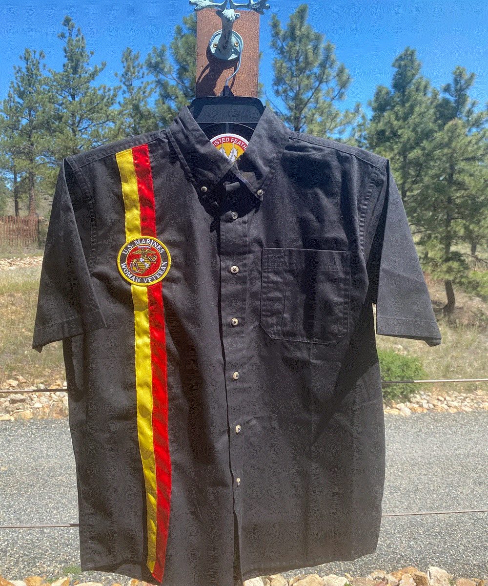 Native American Made Woman Marine Corps Veteran Ribbon Shirt
