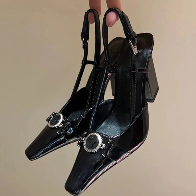 GOOSHOE Ankle Buckles Women Metal Ornaments Pumps High Chunky Heels Sandals Patent Leather Dress Shoes