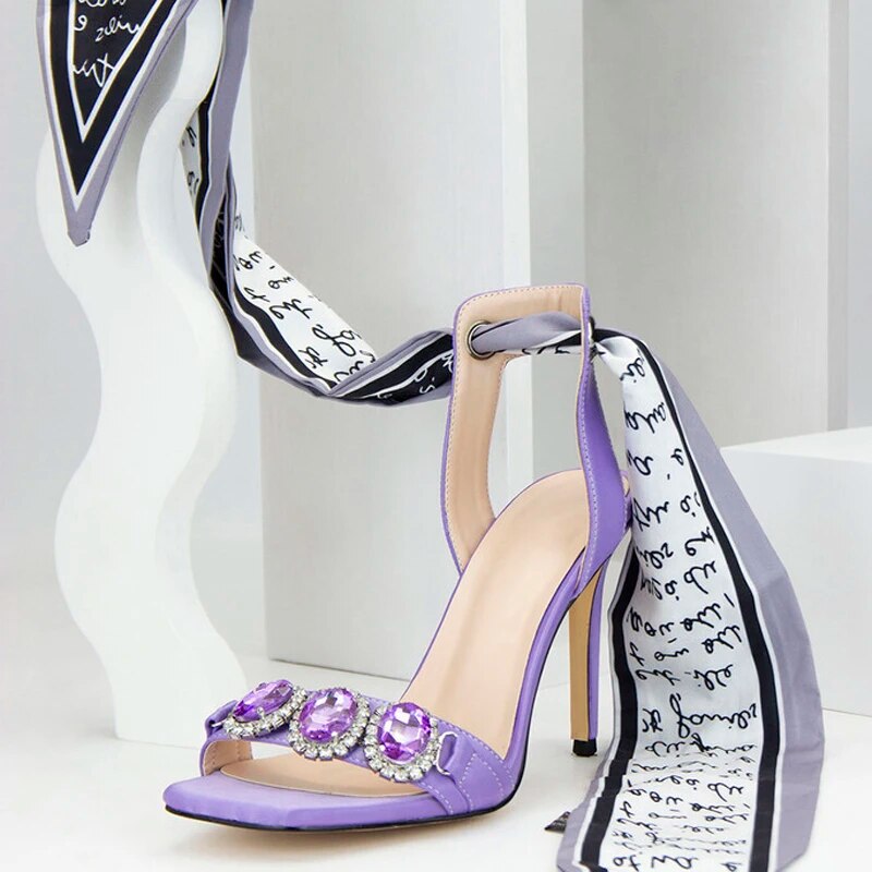 GOOSHOE Purple Gem Sandals Diamonds Slim High Heels Lavender Satin Ribbon Pumps Women Stiletto Shoes