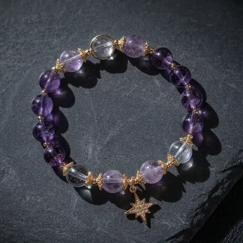 JiStones Ethereal Amethyst & Clear Quartz Bracelet | 18K Gold-Plated Celestial Star Charm Celestial Star Charm