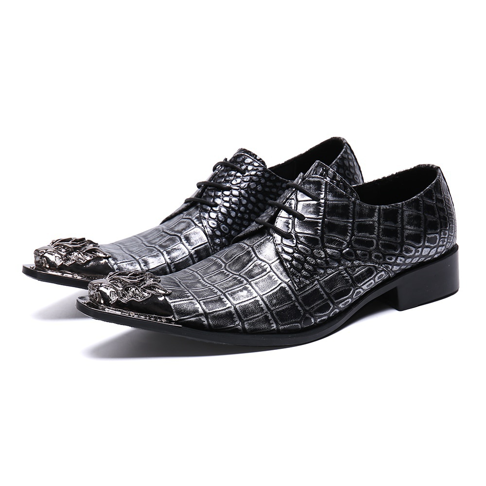 GOOSHOE Snake Skin Leather Men Shoes Large Size Lace Up Metal Square Toe Formal Dress Shoes