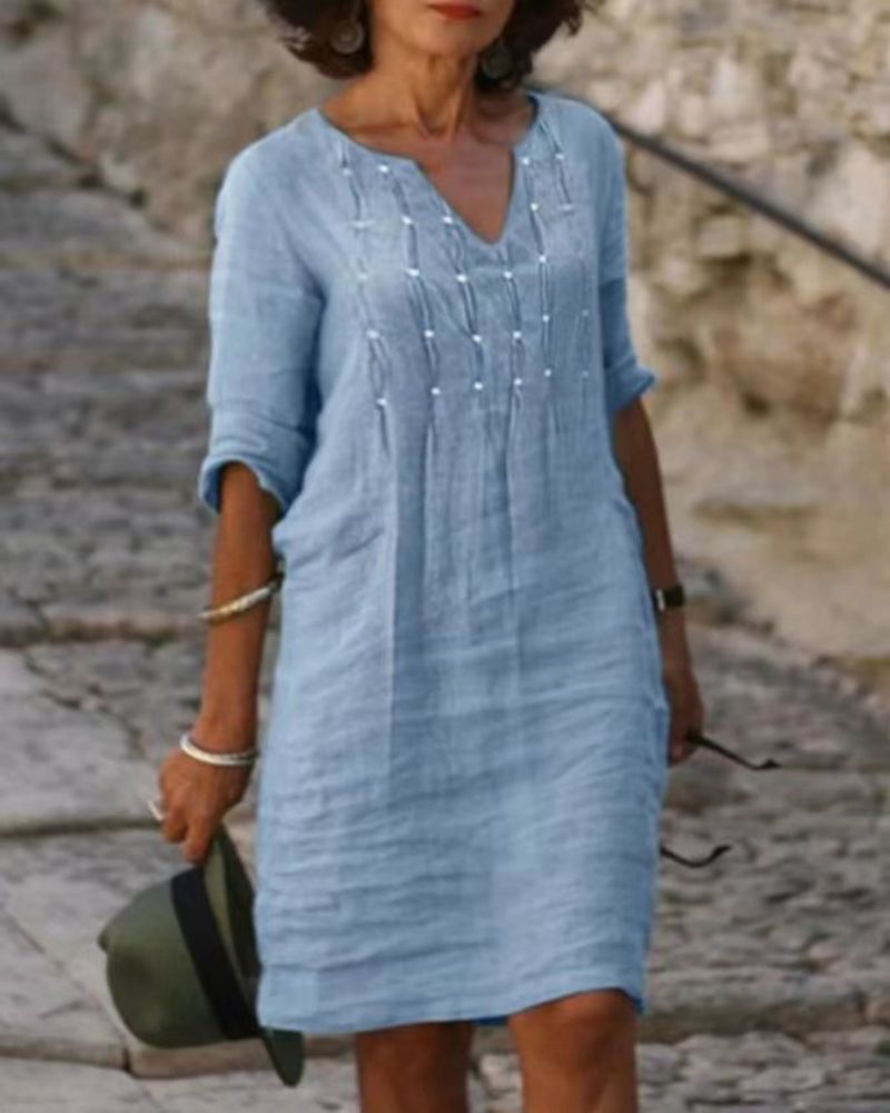 Spring and Summer Small V-neck Stitching Beads Pleated Half-Length Sleeve Dress