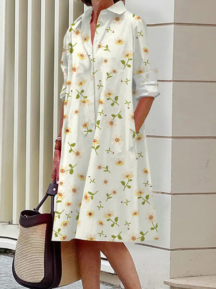 Spring Fashion Floral Long Sleeve Pocket Shirt Dress