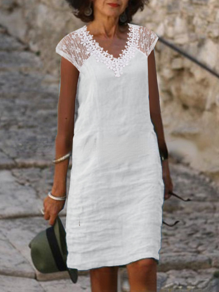 Summer Lace Stitching Straight Elegant Corset V-neck Dress