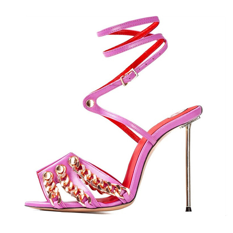 GOOSHOE Large Size 45 Wide Fit Women Dress Stiletto Sandals Metal Chain Ankle Strap High Thin Heels Party Pumps