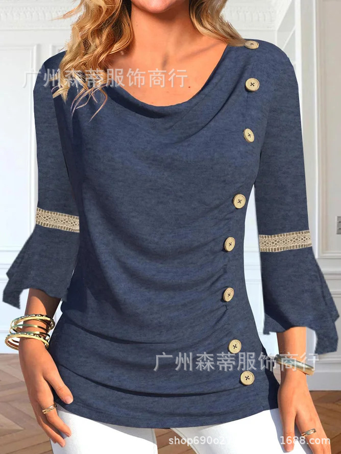 Spring and Autumn Long Sleeve Button T-shirt