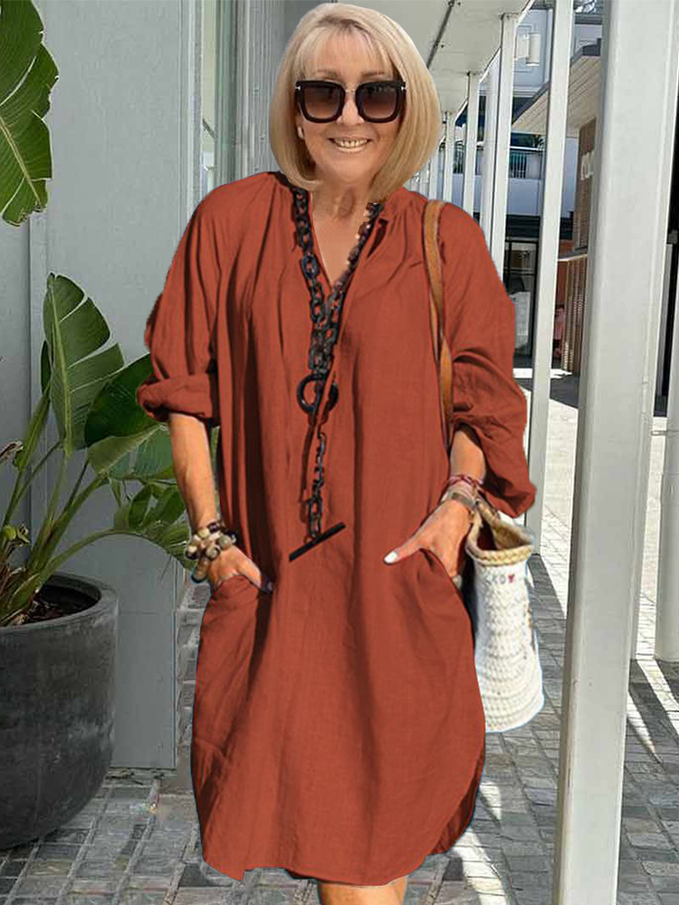 Plus Size Pocket Cotton Linen Solid Color Beach Tunic Dress