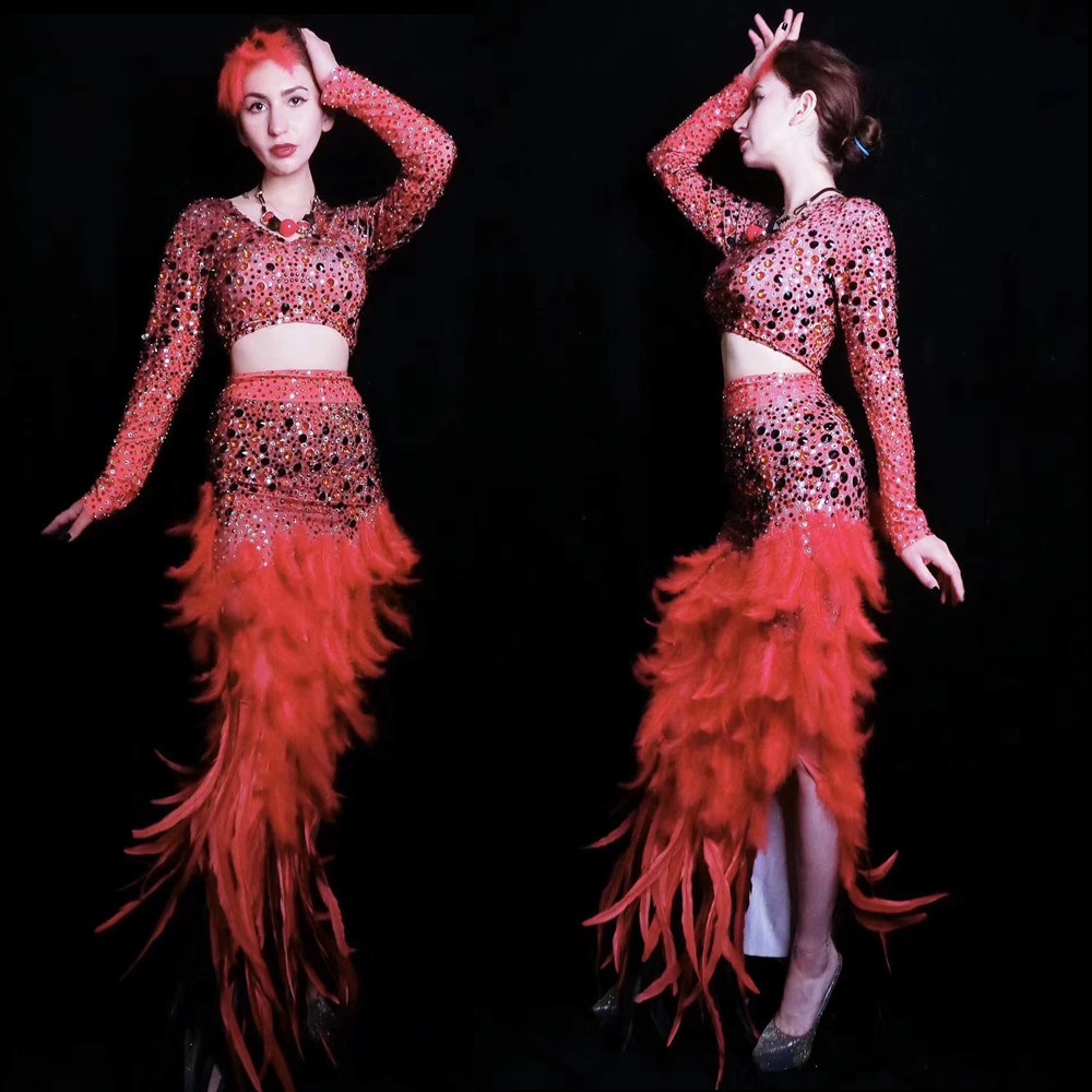 GOOSHOE Rhinestones Feather Latin Long Dress Red Crystal Dress Set Women Slim Flamenco Stage Outfit Sets