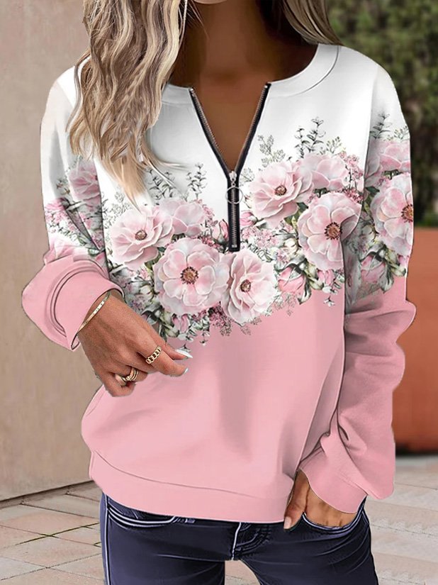 Round Neck Floral Sweatshirt With Zipper