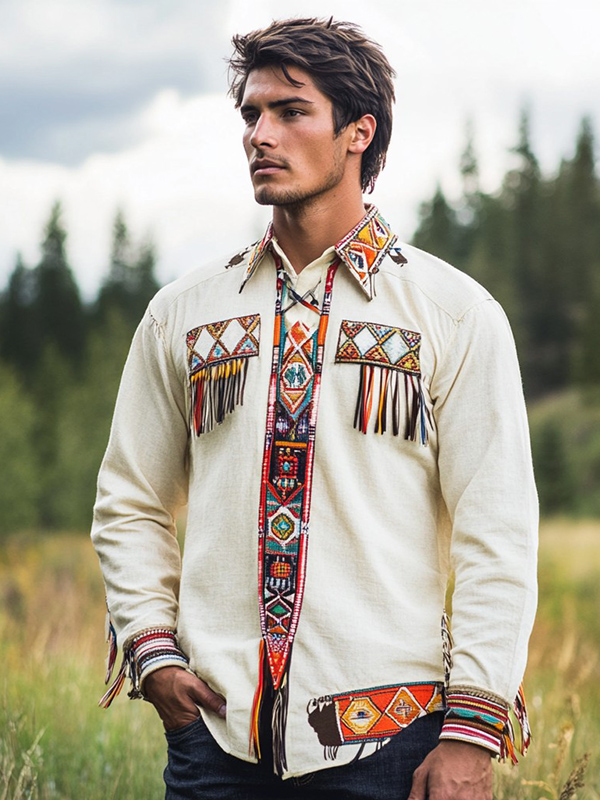 White Native American Long Sleeve Ribbon Shirt