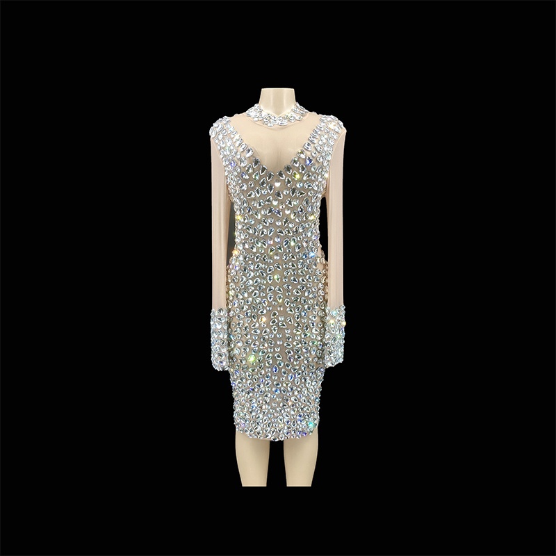 GOOSHOE Clothing Nude Dress Women Muslim Prom Dresses Rhinestones Women Transparent Outfit