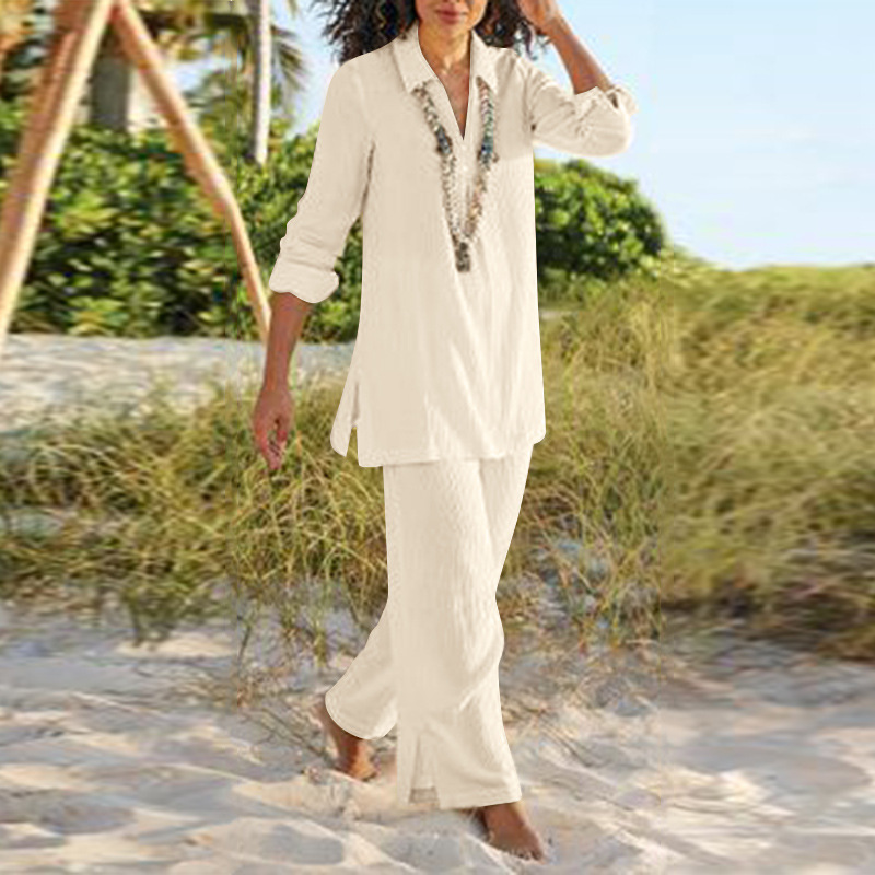 New Polo Collar V-neck Long-Sleeved Trousers Two-Piece Suit