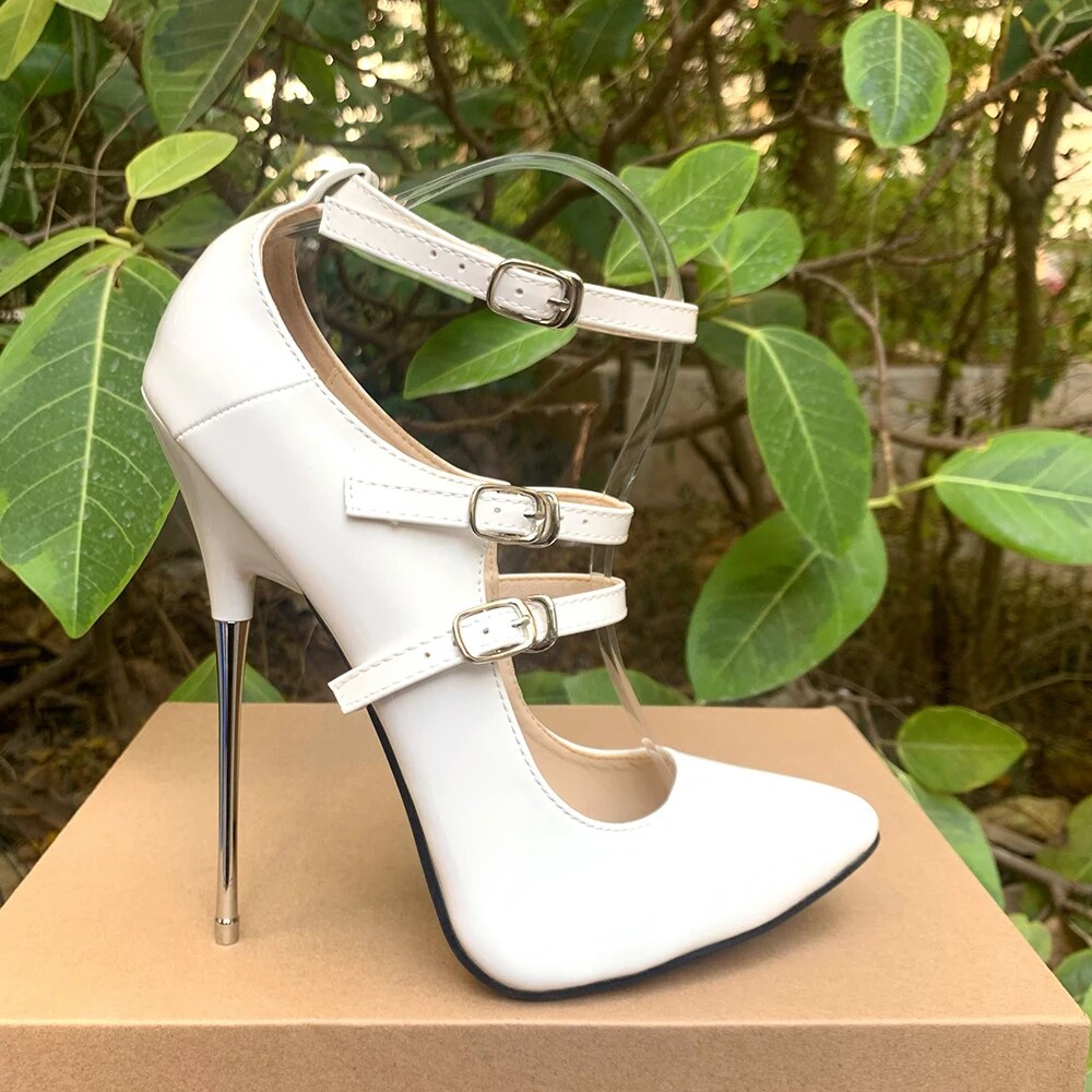 GOOSHOE 16cm High Heels Ankle Strap Apricot Fetish Stilettos Instep Strap Stripper Pumps