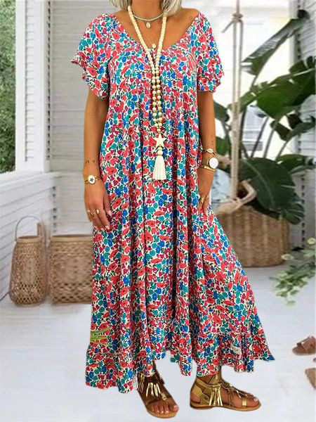 Summer V-neck Long Printed Bohemian Boho Dress