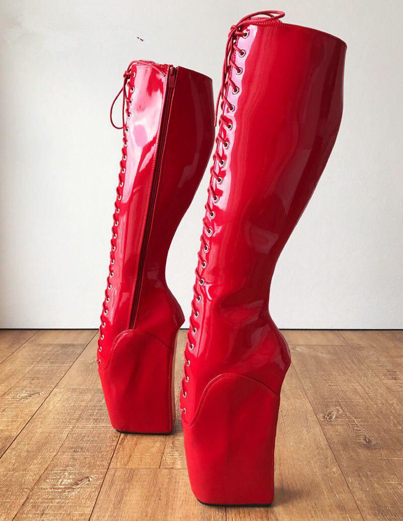 GOOSHOE Red Ballet Wedges Boots Women Zip Knee High Long Women Boots Platform Goth Heels Large Size On Heels
