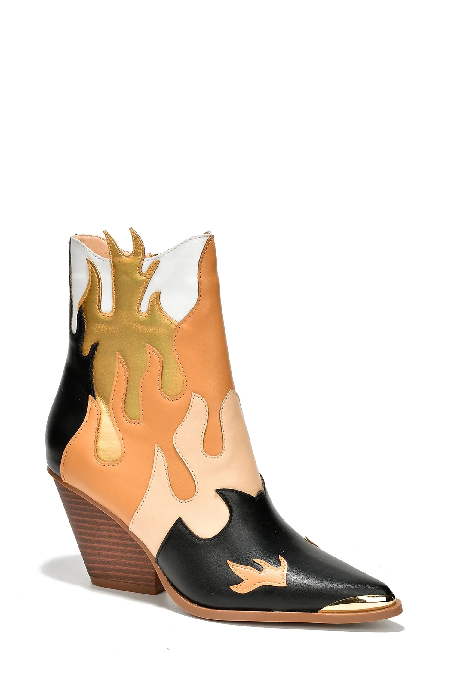 Western Boots Cowboy Boots For Women Mid Calf Pointed Toe Chunky Heels Fire Decor Woman PU Leather Botas