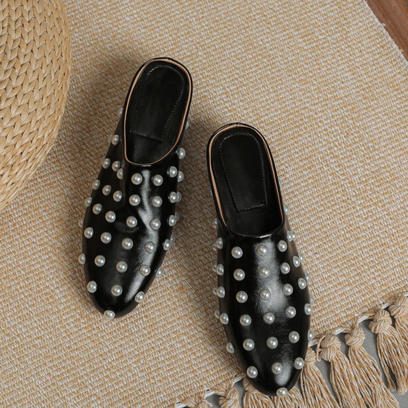 GOOSHOE White Pearls Women Large Size 46 Leather Mules Short Square Heels Slippers Wide Fit Causal Sandals