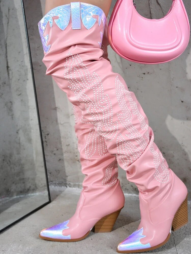 VCSHOES Women 's Crystal Over The Knee Tube Boots Western Cowboy Pink Patchwork Floral Cowgirl Shoes Thick Heel Long Boots 44