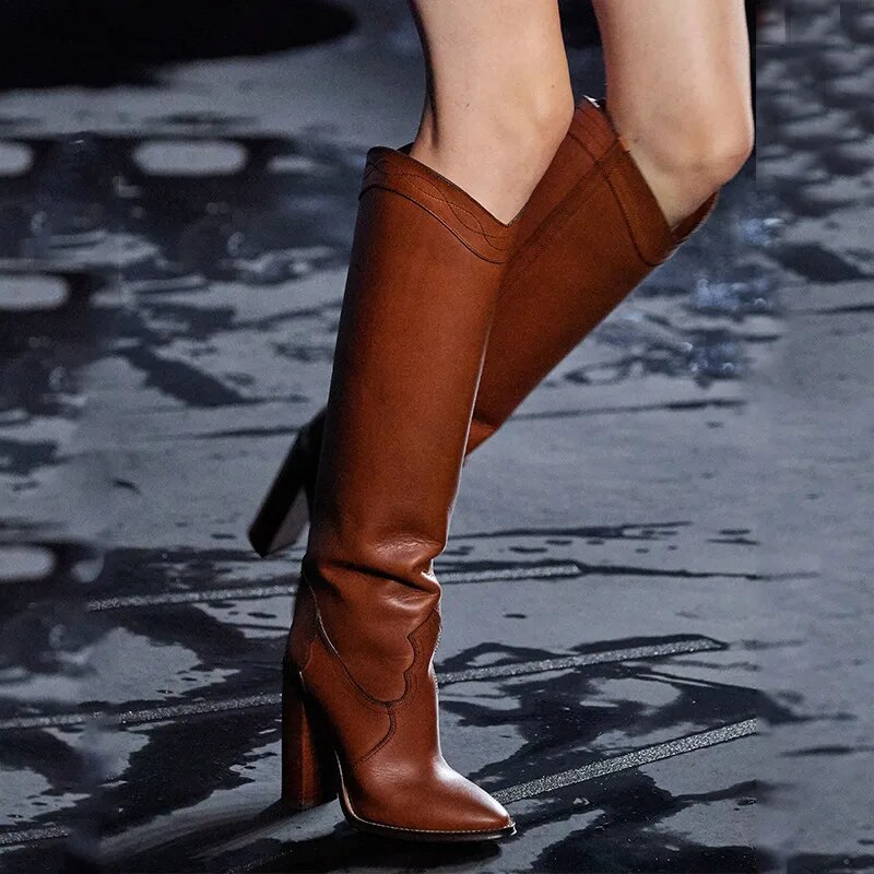 VCSHOES Women Brown Knee High Boots Runway Chunky Heels Western Knight Boots Pointed Toe High Heels Shoes Women