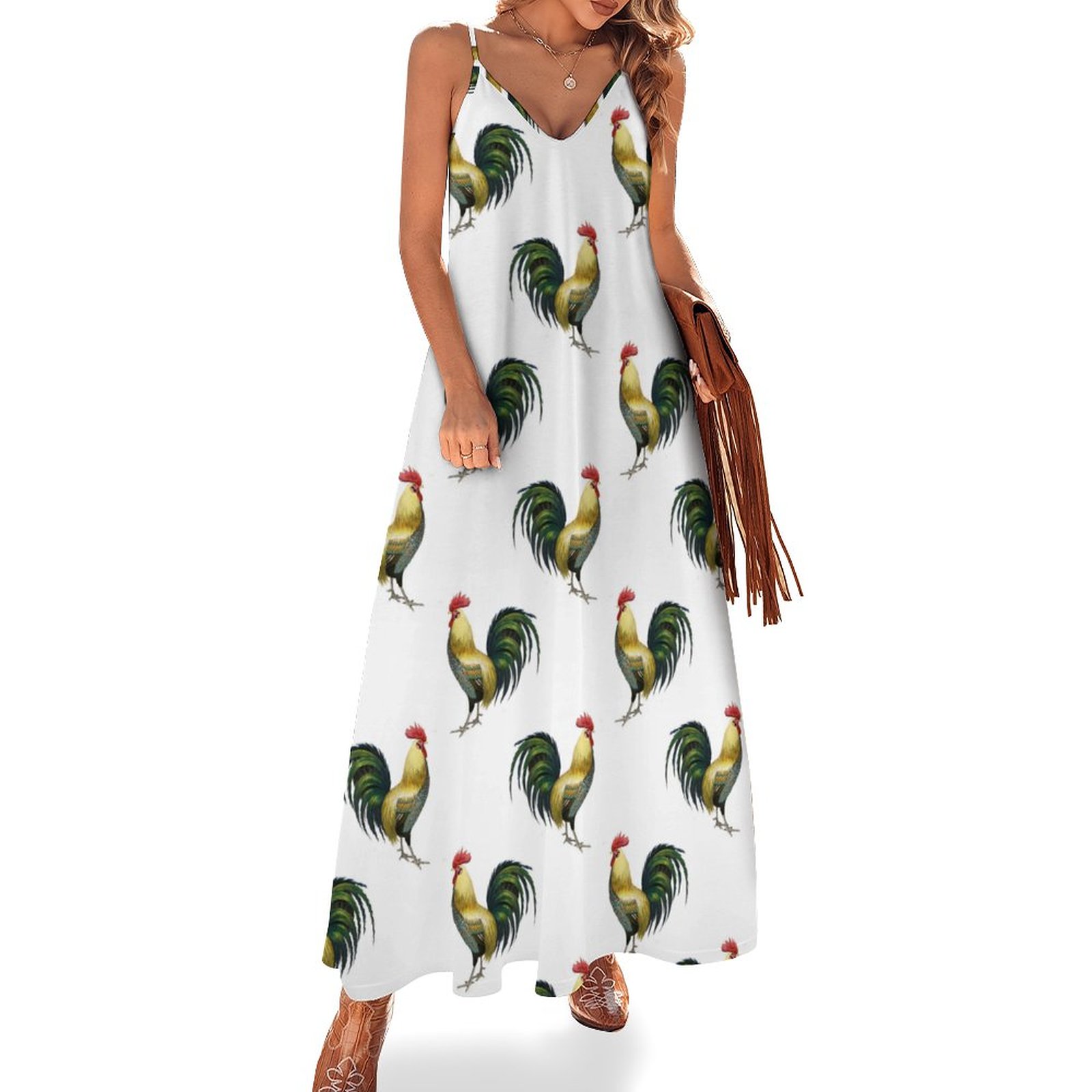 Vintage Country Farm Rooster Women's Casual Strappy V Neck Sleeveless Flowy Loose Long Maxi Beach Dress Sundress Vintage Country Farm Rooster Women's Casual Strappy V Neck Sleeveless Flowy Loose Long Maxi Beach Dress Sundress