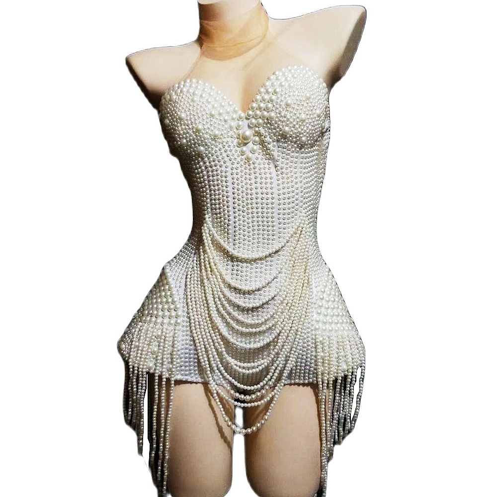 GOOSHOE White Pearls Women Bodysuits Beaded Tassel Mesh Perspective Jumpsuits Bar Prom Party Outfit Costumes