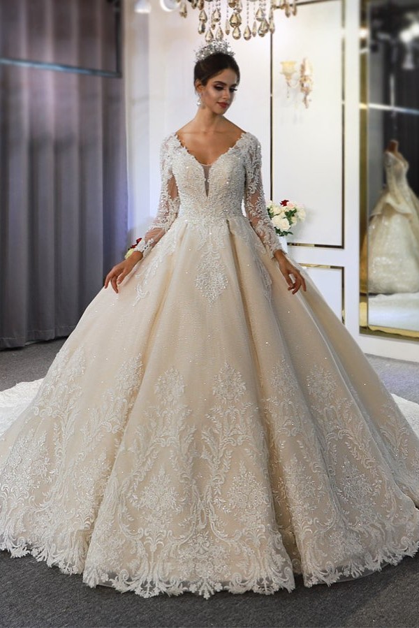 Classy Train A-Line Sweetheart Backless Long Sleeves Wedding Dress With Appliques Lace Sequins Classy Train A-Line Sweetheart Backless Long Sleeves Wedding Dress With Appliques Lace Sequins