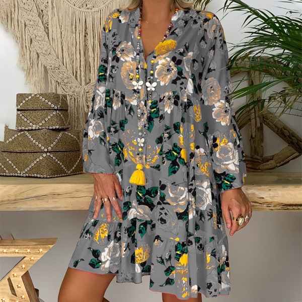 Plus Size V-neck Printed Ruffle Sleeve plus Size Loose Dress