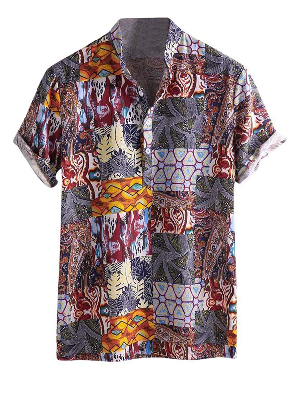 Printed Loose Short Sleeves Stand Collar Blouses&shirts Tops