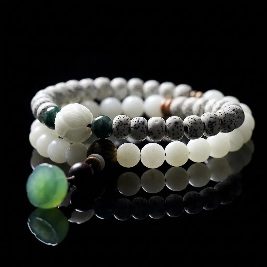 JiStones Zen Serenity Bracelet - Premium White Jade Bodhi Root & Star-Moon Bodhi with Emerald Agate