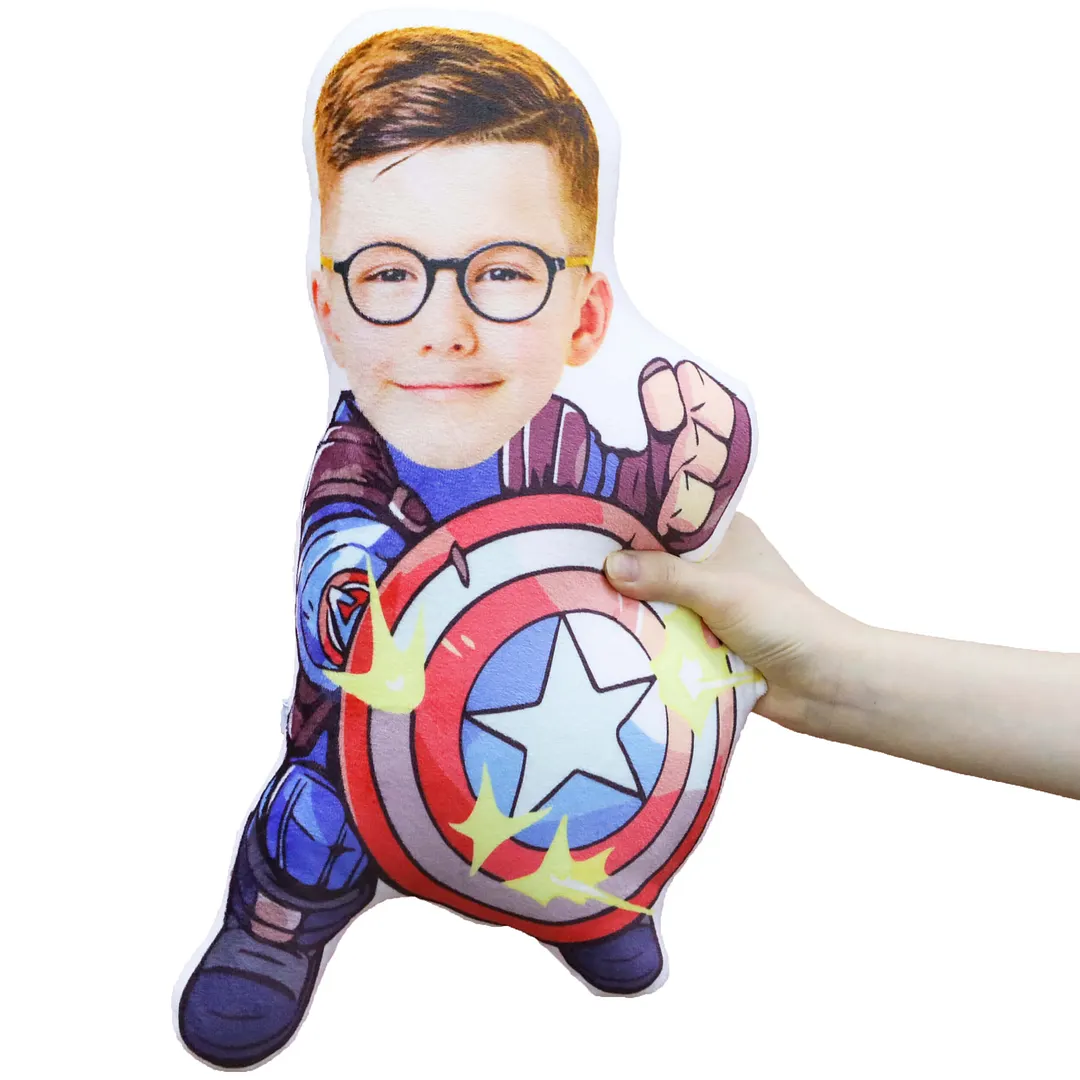 MiniMe Pillow Dolls Face Body Pillow, My Face Pillow, Custom Pillow, Personalized Photo Pillow Gift Pillow Toy, Superhero, Captain with Shield, Throw Pillow, MiniMe Pillow Dolls and Toys Doll Plush