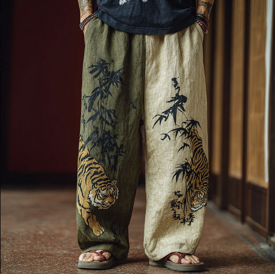 Retro Japanese Art Men's Cotton-blend Loose-fit Wide-leg Long Pants