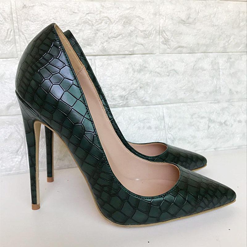 GOOSHOE 12cm High Heel Stiletto Dark Green Embossed Pattern Women Pointed Toe Stilettos Pumps Shoes