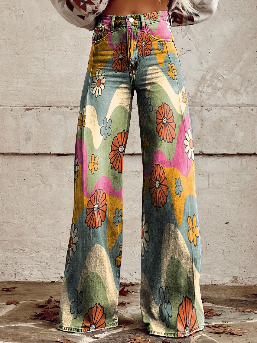 Women's Vintage Floral Daisy Print Casual Wide Leg Pants