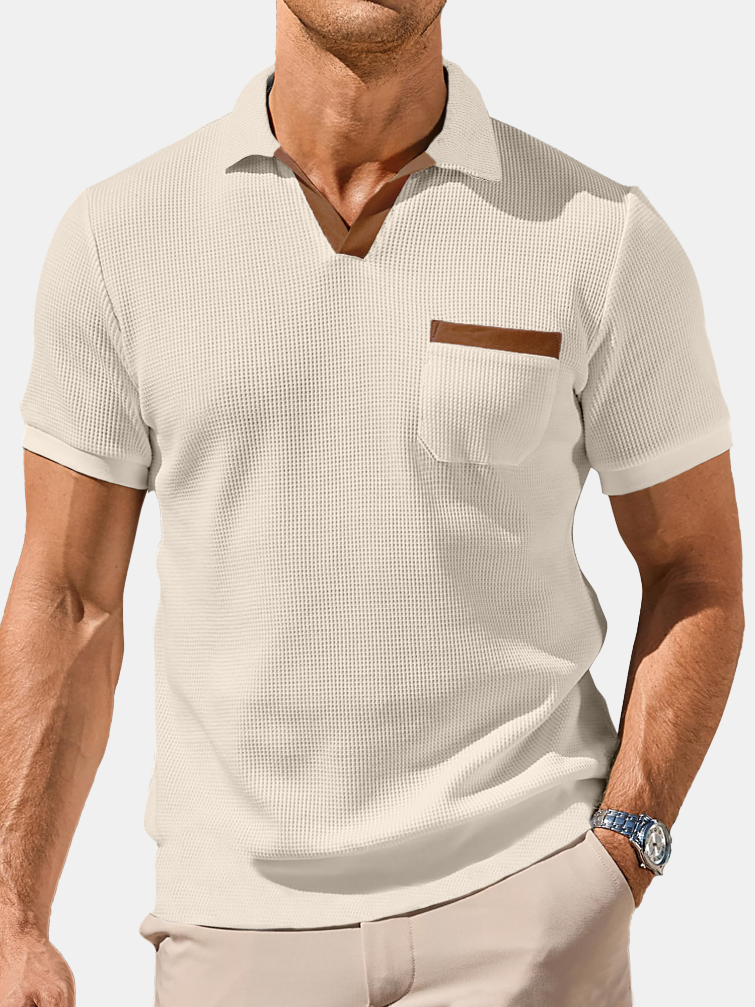 Men's Waffle Lapel Casual Contrast Color Short Sleeve Polo Shirt