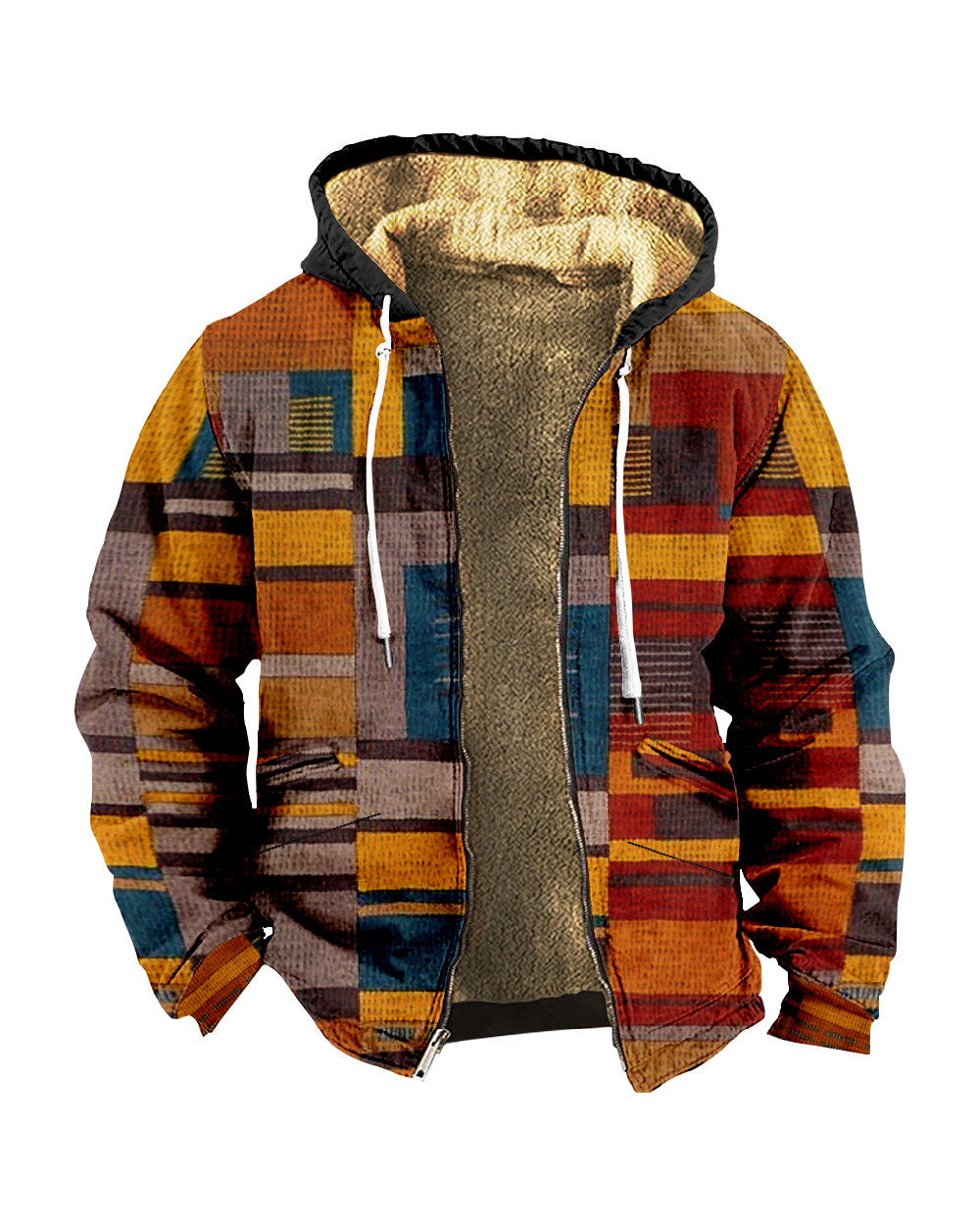 Men's Artistic Plaid Print Fleece Hooded Jacket 0036