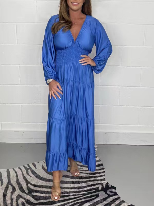 New Solid Color and V-neck Long Sleeve Waist Dress