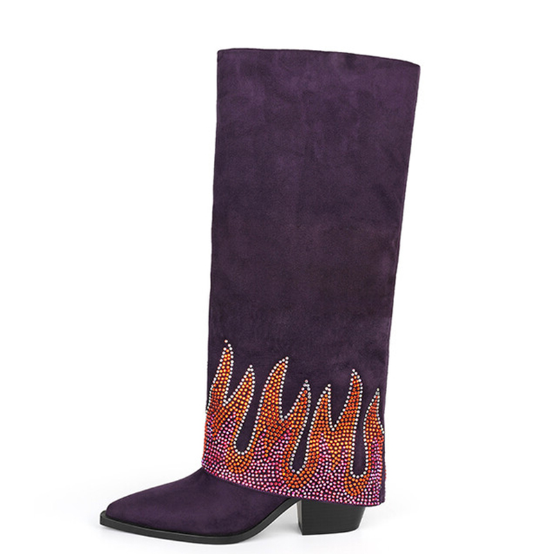 GOOSHOE Soft Flock Long Booties Overlay Women's Tiny Diamonds Flame Knee High Boots Blue High Chunky Heel