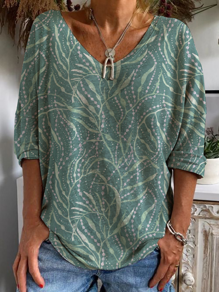 Casual V-neck Short-Sleeved Digital Printed Top T-shirt