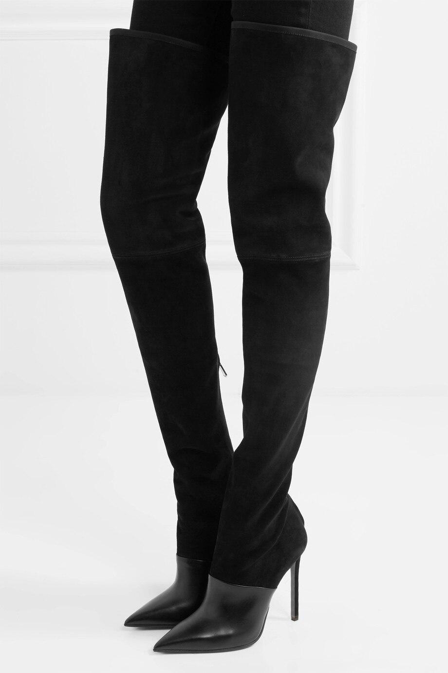 GOOSHOE Women's High Heel Pointed Toe Black Over The Knee Thigh High Boots Stretch Suede Shoes Large Size