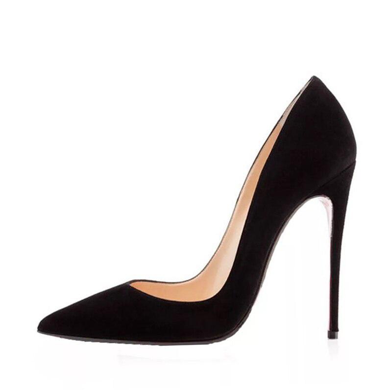 GOOSHOE Black Suede Flock Women Pumps For Pointed Toe High Heels 12cm Stilettos Plus Size 45