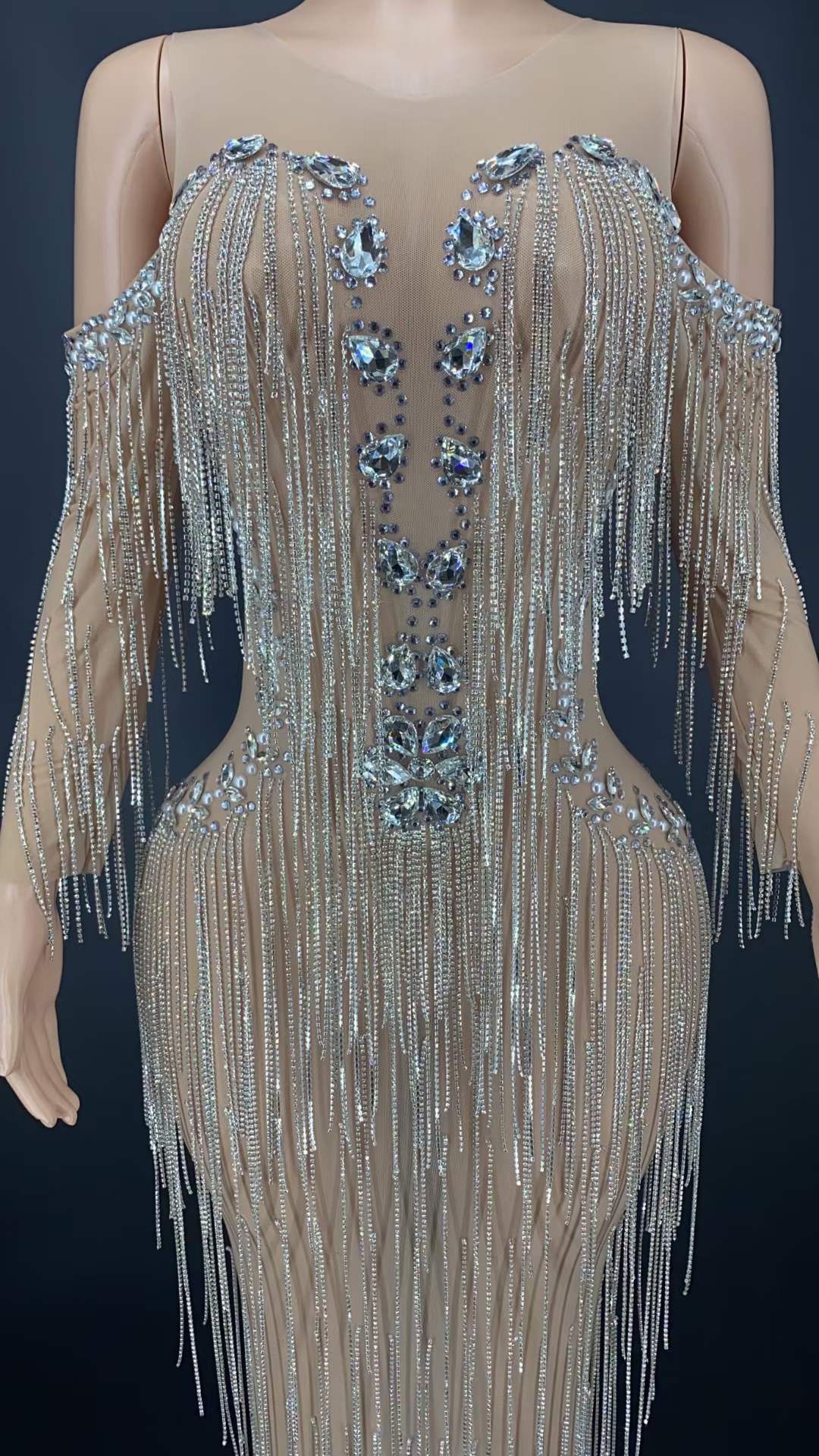 GOOSHOE Mesh Gem Chain Gem Stone Hollowing Dress Party Exclusive Clothing