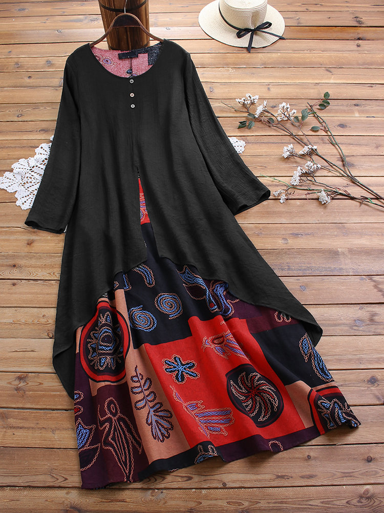 Plus Size Round Neck Cotton Fake Boho Maxi Dress
