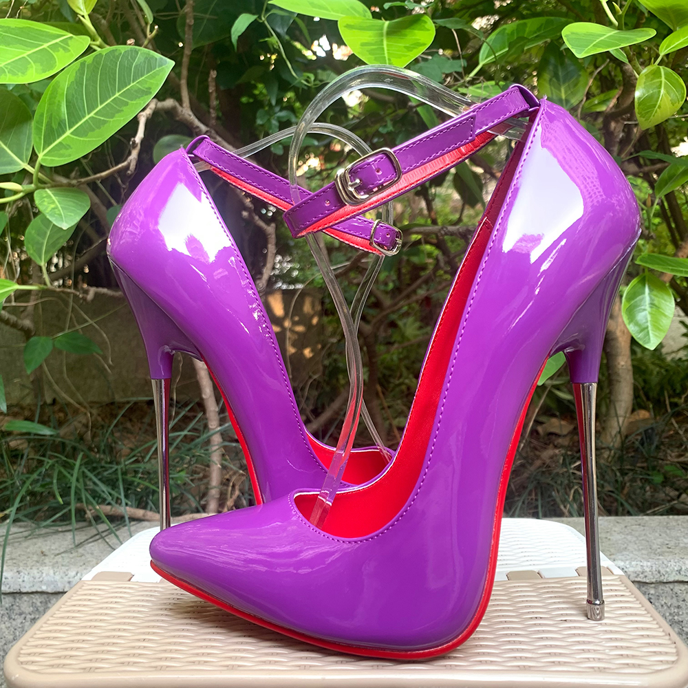 GOOSHOE Red 16cm Metal High Heels Stilettos Red Patent Leather Women Fetish Ankle Strap Pumps Fetish